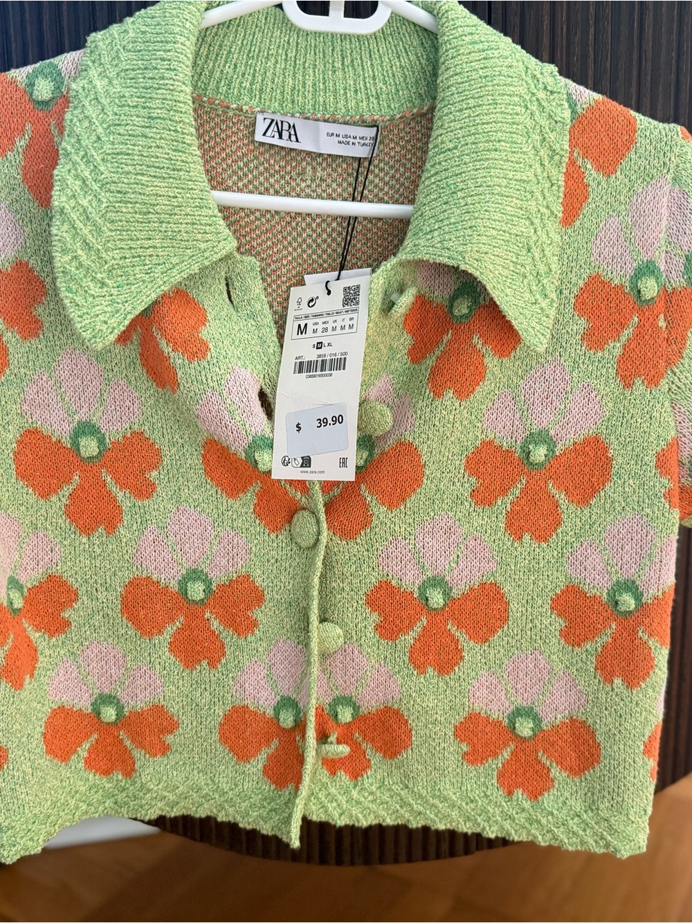 ZARA Green Cardigan with Orange and Pink Floral Motif - Picture 2 of 5
